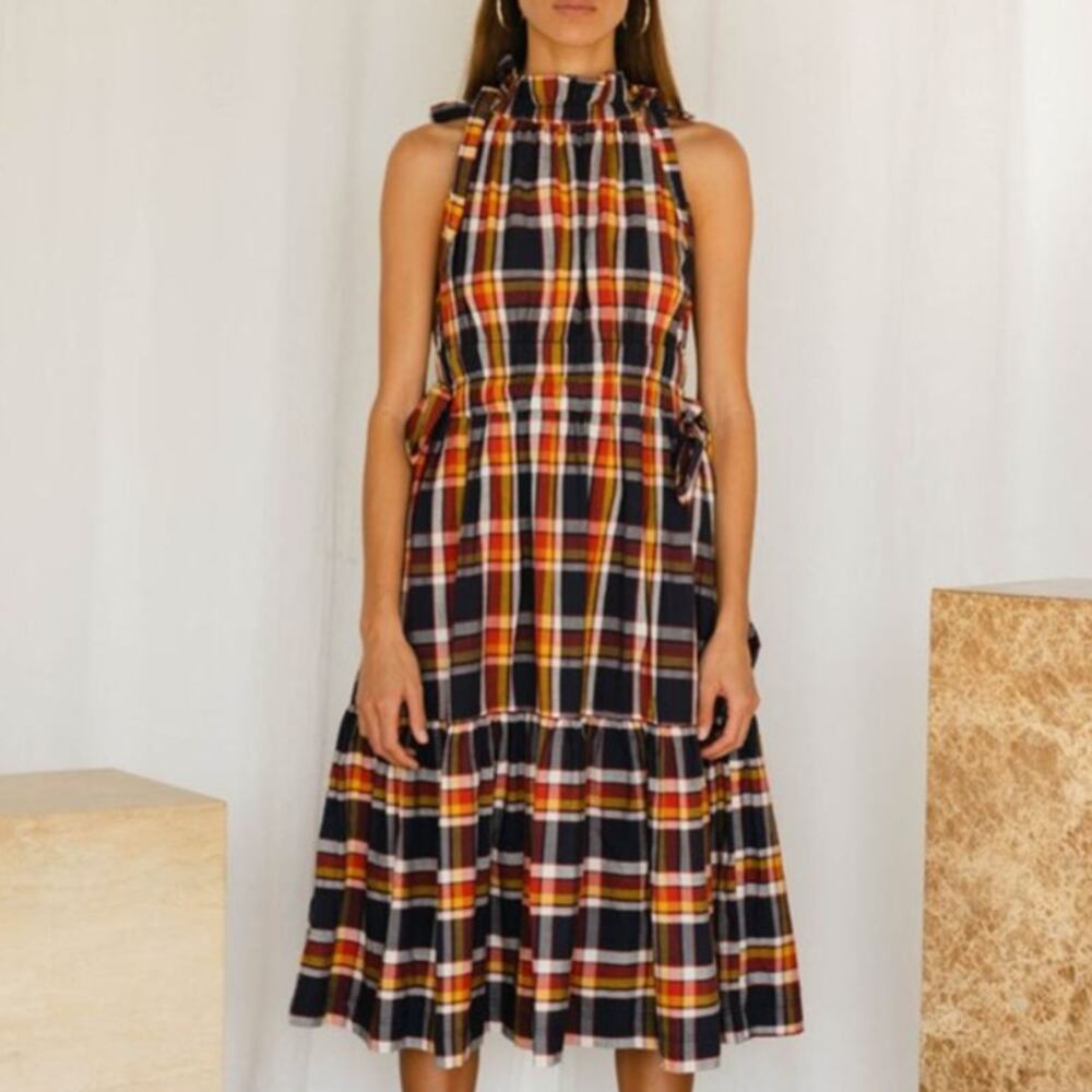 Kopal Heera Midi High Neck Halter Dress in Navy Plaid Madras Check NEW - Picture 2 of 10